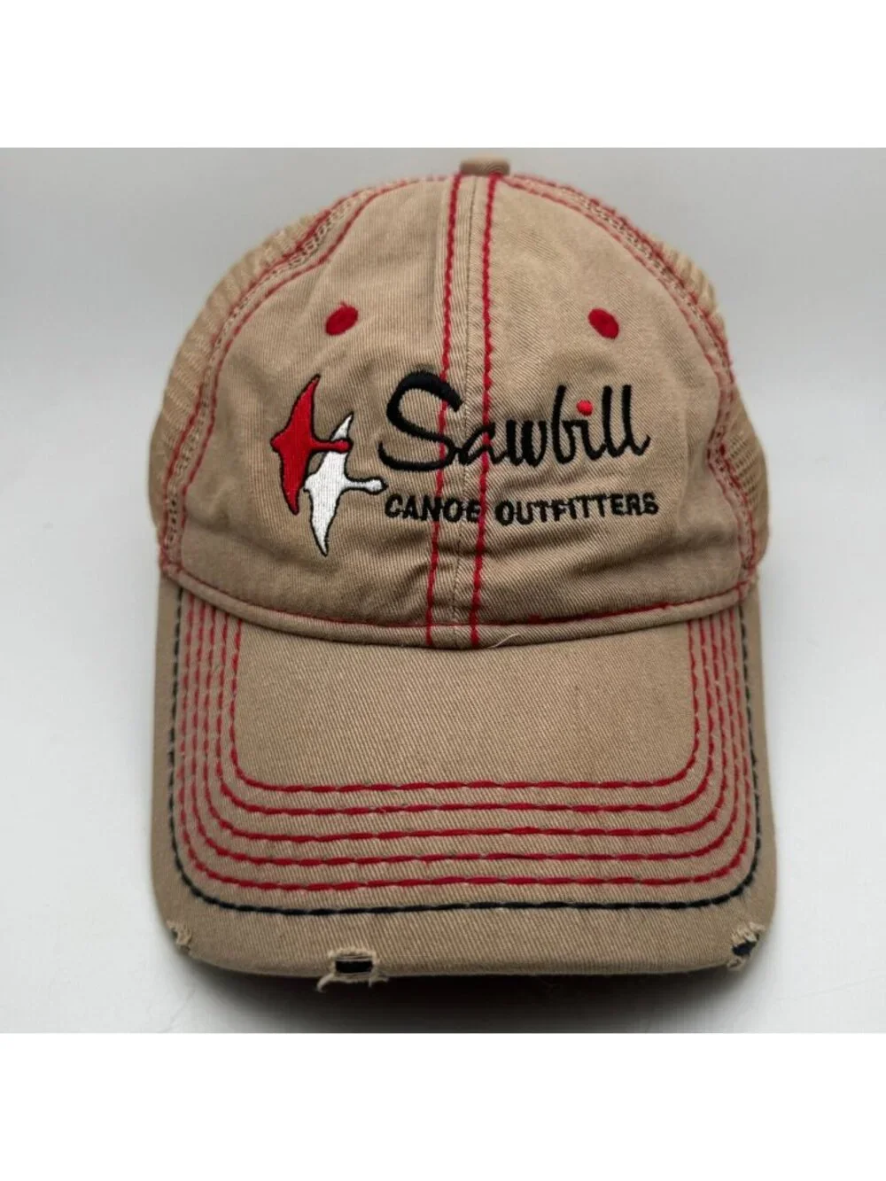 Sawbill Canoe Outfitters Distressed Trucker Hat Baseball Cap Tan Red One Size